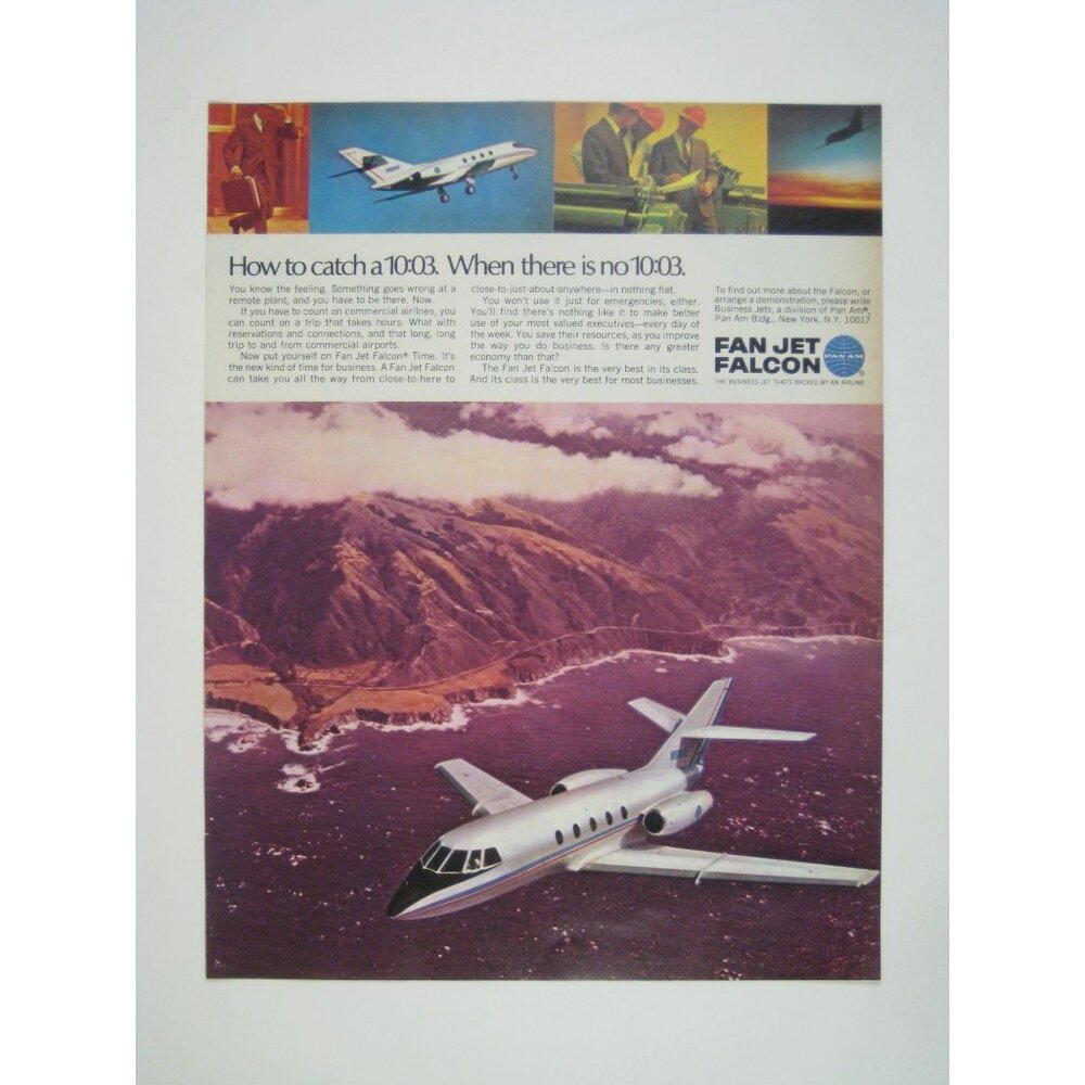 Pan Am Fan Jet Falcon Vintage 1960s Aviation Print Ad Ocean Purple Coastline